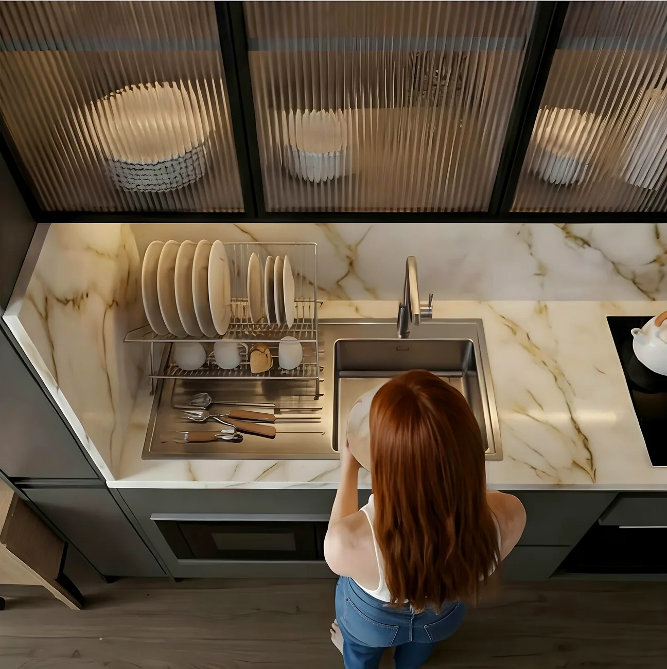 Detalhe de marcenaria e bancada no projeto de cozinha