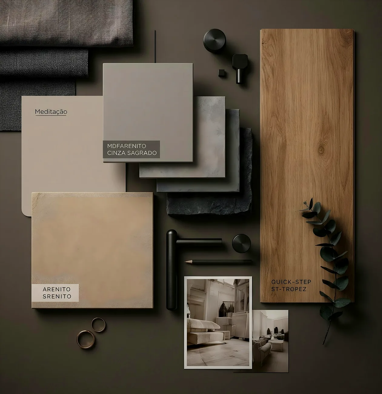 Moodboard de materiais e acabamentos especificados no projeto