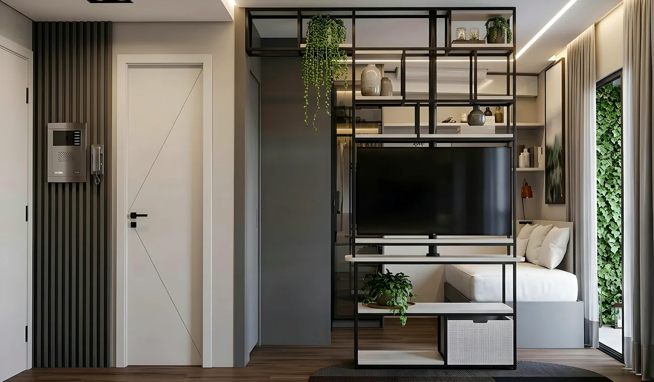 Projeto de entrada e circulação do apartamento compacto, com painel ripado
